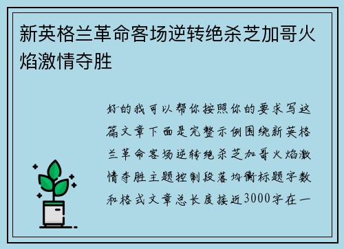 新英格兰革命客场逆转绝杀芝加哥火焰激情夺胜 新英格兰革命客场逆转绝杀芝加哥火焰激情夺胜
